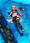  1girl absurdres black_legwear breasts cleavage closed_eyes footwear_removed highres long_hair lying midriff navel on_back original pantyhose partially_submerged pink_hair red_skirt skindentation skirt solo thigh_gap thighs violet_eyes water 