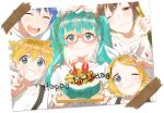  2girls 3boys birthday_cake blonde_hair blue_eyes blue_hair blue_nails blush brown_hair cake character_request closed_eyes closed_mouth eyebrows_visible_through_hair facing_viewer food furururu happy_birthday hatsune_miku kagamine_len kagamine_rin long_hair looking_at_viewer multiple_boys multiple_girls nail_polish one_eye_closed open_mouth parted_lips short_hair smile teeth twintails v vocaloid 