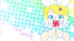  1girl bare_shoulders blonde_hair blue_eyes bow collarbone commentary_request covered_mouth flower hair_bow hair_flower hair_ornament hairclip kagamine_rin looking_at_viewer pinwheel portrait shirosato short_hair sleeveless solo sunflower_hair_ornament vocaloid 