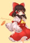  1girl :o absurdres ascot autumn autumn_leaves belly_peek blush bow brown_eyes chocolate_hair detached_sleeves hair_bow hair_tubes hakurei_reimu highres large_bow leaf long_hair looking_at_viewer september skirt solo touhou unira walking yellow_ascot 