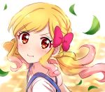 1girl :s aikatsu! bangs blonde_hair blush close-up closed_mouth dot_nose eyebrows_visible_through_hair from_side gradient_hair hair_ribbon highres leaf long_hair looking_at_viewer looking_to_the_side multicolored_hair outdoors pink_hair pink_ribbon pout red_eyes ribbon sekina shirt short_sleeves solo suspenders white_shirt 