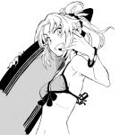  bikini_top bracelet fate/apocrypha fate_(series) jewelry monochrome mordred_(swimsuit_rider)_(fate) nail_polish ponytail saber_of_red surfboard swimsuit t-okada 