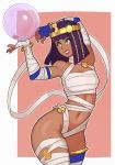  1girl :d arms_up bandage bangs bare_shoulders blunt_bangs bracelet breasts cowboy_shot dark_skin egyptian fingerless_gloves gem gloves green_eyes groin hair_ornament highres hips jewelry lips lipstick makeup mascara menat navel open_mouth orb purple_hair short_hair single_glove smile solo splashbrush street_fighter street_fighter_v tiara 