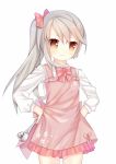  1girl apron blush bow brown_eyes closed_mouth collared_shirt commentary cowboy_shot eyebrows_visible_through_hair frilled_apron frills grey_hair hair_between_eyes hair_bow hands_on_hips highres holding ladle long_hair long_sleeves looking_at_viewer ping_hai_(zhan_jian_shao_nyu) pink_apron pink_bow pink_skirt pleated_skirt pout shirt side_ponytail simple_background skirt solo standing tengxiang_lingnai white_background white_shirt zhan_jian_shao_nyu 