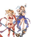  2girls :d arm_up beatrix_(granblue_fantasy) bikini blonde_hair blue_bikini blue_eyes blush bracelet breasts brown_eyes brown_hair cleavage flower full_body fur_trim granblue_fantasy hair_flower hair_ornament halter_top halterneck hanarito hibiscus highres jewelry long_hair looking_at_viewer medium_breasts multiple_girls navel o-ring_top open_mouth polearm ponytail red_bikini sarong side-tie_bikini simple_background smile spear sunglasses sunglasses_on_head swimsuit sword twintails weapon white_background zeta_(granblue_fantasy) 