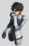  1boy black_hair bodysuit command_spell cropped_torso fate/grand_order fate_(series) fujimaru_ritsuka_(male) gloves grey_background highres kouzuki_kei male_focus serious short_hair simple_background solo wiping_face 