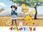  2girls backpack bag chansey chansey_(cosplay) cosmo_(465lilia) cosplay crossover english hat kaban_(kemono_friends) kemono_friends lucky_beast_(kemono_friends) multiple_girls pantyhose pikachu pikachu_(cosplay) pokemon pokemon_(anime) satoshi_(pokemon) satoshi_(pokemon)_(cosplay) serval_(kemono_friends) thigh-highs tree 