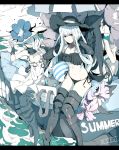  3girls aircraft_carrier_hime aircraft_carrier_summer_hime battleship_hime battleship_summer_hime bikini black_bikini black_border black_hair black_hat blue_eyes border gauntlets hair_over_one_eye hat horns kantai_collection long_hair multiple_girls ninimo_nimo red_eyes seaport_summer_hime shinkaisei-kan side-tie_bikini smile swimsuit white_hair white_hat 