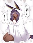  &gt;:o 1girl :o animal_ears bangs bare_shoulders blanket blush commentary_request cosplay dark_skin earrings eyebrows_visible_through_hair facepaint fate/grand_order fate_(series) full_body hammer_(sunset_beach) hoop_earrings jewelry long_hair looking_at_viewer medjed medjed_(cosplay) necklace nitocris_(swimsuit_assassin)_(fate) open_mouth purple_hair rabbit_ears seiza sidelocks sitting solo speech_bubble swimsuit translation_request very_long_hair violet_eyes white_swimsuit 