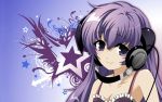  1680x1050 headphones highres higurashi_no_naku_koro_ni horns purple_eyes purple_hair star stars violet_eyes wallpaper 