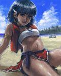  artist bandeau bare_shoulders beach black_eyes black_hair bracelet cloud clouds dark_skin earrings fushigi_no_umi_no_nadia hair_ornament hairclip jewelry loincloth lowres midriff nadia neck_ring necklace short_hair sitting sky takeya tubetop vest 