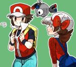  androgynous backpack blue_(pokemon) blush clothed cosplay crossdressinging kotone_(pokemon) leaf_(pokemon) lowres magnemite pokemon randoseru reverse_trap sweatdrop tomboy 