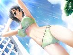  black_hair dutch_angle from_below game_cg green_eyes hashimoto_takashi no_glasses o-ring_bottom short_hair shower smile swimsuit yorihime_nao yosoganosora yosuga_no_sora 