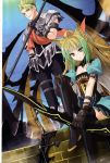  1boy 1girl animal_ears archer_of_red armor blonde_hair bow_(weapon) cat_ears fate/apocrypha fate_(series) green_hair highres konoe_ototsugu multicolored_hair polearm rider_of_red spear thigh-highs two-tone_hair weapon 