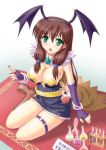  alchemist belt boots breasts brown_hair cape cleavage fingerless_gloves gloves green_eyes huge_breasts large_breasts long_hair miniskirt open_mouth potion ragnarok_online sitting skirt wings 
