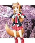  brown_hair cherry_blossoms cosplay fang heart heart_hands hinamori_amu hinamori_amu_(cosplay) holo leg_warmers long_hair red_eyes sab-chan school_uniform shugo_chara! solo spice_and_wolf tail wolf_ears wolf_tail 