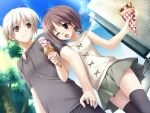  1girl amatsume_akira antenna_hair blink blush brown_eyes brown_hair couple crepe date dating dutch_angle food game_cg hashimoto_takashi ice_cream ice_cream_cone kasugano_haruka open_mouth ponytail short_hair skirt smile thigh-highs thighhighs waffle white_hair wink yosoganosora yosuga_no_sora zettai_ryouiki 