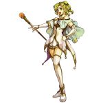  1girl boots elbow_gloves female fire_emblem fire_emblem:_seima_no_kouseki fire_emblem_sacred_stones full_body gloves green_eyes green_hair hand_on_hip highres holding holding_staff l&#039;arachel official_art open_mouth ponytail simple_background skirt smile solo staff standing thigh-highs thigh_boots thighhighs white_background zettai_ryouiki 