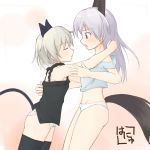  alternate_hair_color animal_ears blush bottomless closed_eyes eila_ilmatar_juutilainen grey_hair hanyu hug incipient_kiss lingerie multiple_girls off_shoulder purple_hair sanya_v_litvyak signature simple_background strap_slip strike_witches surprised tail thighhighs underwear yuri 