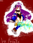  dark_eclair eclair eclair_(la_pucelle) la_pucelle long_hair nippon_ichi purple_hair red_background red_eyes smile title_drop 