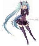  closed_eyes detached_sleeves hatsune_miku headset long_hair mzz necktie skirt thigh-highs thighhighs twintails very_long_hair vocaloid 