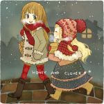  argyle_legwear beanie blush boots breath hanamoto_hagumi hat honey_and_clover pantyhose scarf smile snow snowing yamada_ayumi yukke 