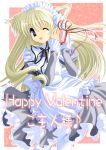  blonde_hair blue_eyes cat_ears gift long_hair maid valentine wink 