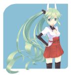  bad_id green_eyes green_hair hand_on_hip hatsune_miku long_hair parody powhu strike_witches thigh-highs thighhighs twintails very_long_hair vocaloid 
