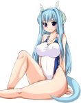  blue_hair blush breasts competition_swimsuit horns large_breasts legs long_hair nanashi_mushi one-piece_swimsuit original pointy_ears shipo_aki sitting smile solo swimsuit tail thick_thighs thighs very_long_hair 