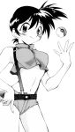  1girl belt blush breasts crop_top cutoffs dengeki!_pikachu gym_leader hand_on_hip kamirenjaku_sanpei kasumi_(pokemon) large_breasts midriff monochrome navel ono_toshihiro poke_ball pokemon side_ponytail smile solo suspenders vector_trace 