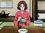  food glasses ikkitousen japanese_clothes purple_hair sonsaku_goei violet_eyes yukata 