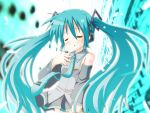  1girl aqua_hair closed_eyes detached_sleeves hatsune_miku long_hair microphone minami_(colorful_palette) necktie solo twintails vocaloid 