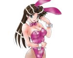 black_hair bowtie breasts brown_hair bunny_ears bunnysuit cleavage earrings fishnet_pantyhose fishnets futari_ecchi green_eyes jewelry katsu_aki large_breasts long_hair no_bra onoda_yura pantyhose pinky_out rabbit_ears ring shiny shiny_clothes simple_background smile solo standing wavy_hair wrist_cuffs 