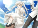  800x600 blonde_hair closed_eyes dress flat_chest frills frilly_dress game_cg hashimoto_takashi kasugano_sora long_hair mary_janes maryjanes ribbon ribbons shoes sitting sky smile socks white_dress yosuga_no_sora 