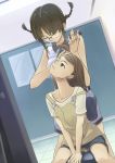  aerodog braid brown_hair closed_eyes dutch_angle futami_ami glasses hair_bobbles hair_comb hair_down hair_ornament hairdressing idolmaster inu_(aerodog) inu_(pixiv32426) looking_up short_hair twin_braids wink 