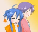  agenasu ahoge alternate_hairstyle blue_hair blush hiiragi_kagami izumi_konata long_hair lowres lucky_star multiple_girls purple_hair smile 