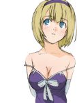  arms_behind_back bare_shoulders blue_eyes bow breasts cleavage dress face gloves gundam gundam_00 hairband large_breasts louise_halevy open_mouth portrait pu-chin pu_^_chin simple_background sketch solo strap_slip 