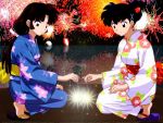  1024x768 black_hair feet fireworks higurashi_kagome inuyasha japanese_clothes kimono reflection sango sparklers wallpaper 