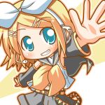  1girl blonde_hair blue_eyes detached_sleeves hair_ribbon hair_ribbons kagamine_rin lowres microphone minami_(colorful_palette) ribbon ribbons solo vocaloid 