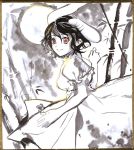  bamboo bamboo_forest clover forest four-leaf_clover inaba_tewi kaisen looking_back monochrome moon nature red_eyes shikishi smile solo spot_color touhou traditional_media 
