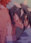  1boy 1girl alternate_costume bed black_hair blush closed_eyes friends from_above grin hair_ribbon hands hands_on_another&#039;s_back hands_up head_on_back head_out_of_frame hetero highres leaning leaning_on_person long_hair long_sleeves lying mitsuka_souji neck on_bed on_side open_mouth ore_twintail_ni_narimasu pajamas parted_lips redhead ribbon short_hair sleeping sleepwear smile tsube_aika twintails upper_body white_ribbon yuto_(dialique) 