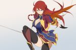  1girl black_gloves black_legwear blue_eyes boots braid breasts cleavage cleavage_cutout frown gloves large_breasts long_hair looking_at_viewer multicolored_hair orange_hair re:creators redhead selesia_upitiria simple_background solo squatting sword thigh-highs twin_braids two-tone_hair weapon yostxxx 