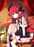  1girl asymmetrical_horns bangs blue_eyes blush cake couch detached_sleeves dragon_girl dragon_tail dress eyebrows_visible_through_hair fang fang_out fate/extra fate/extra_ccc fate_(series) flat_chest food hand_on_own_knee horns indoors lancer_(fate/extra_ccc) leg_up long_hair looking_at_viewer onigensou pink_hair pointy_ears sitting smile solo stuffed_animal stuffed_dragon stuffed_toy tail two_side_up 