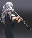  1girl black_background breasts camilla_(fire_emblem_if) clarinet curly_hair dress fire_emblem fire_emblem_if holding holding_instrument instrument large_breasts long_hair purple_hair simple_background smile solo 