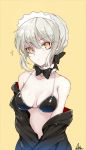  /\/\/\ 1girl artoria_pendragon_(all) artoria_pendragon_(swimsuit_rider_alter)_(fate) bare_shoulders bikini_top black_bikini_top black_bow black_bowtie black_jacket blonde_hair blush bow bowtie breasts choker closed_mouth collarbone eyebrows_visible_through_hair fate/grand_order fate_(series) hair_between_eyes hair_bow head_tilt highres huyou_(awegk) jacket maid_headdress medium_breasts off_shoulder open_clothes open_jacket saber_alter short_hair sidelocks signature simple_background sparkle sweat tsurime undressing upper_body yellow_background yellow_eyes 