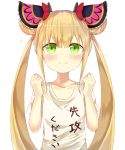  1girl absurdres bangs blonde_hair blush bow clenched_hand closed_mouth clothes_writing collarbone commentary_request double_bun eyebrows_visible_through_hair flat_chest frills green_eyes hair_bow hair_ornament highres long_hair looking_at_viewer luna_(shadowverse) red_bow shadowverse shirt short_sleeves simple_background solo sparkle t-shirt twintails upper_body very_long_hair white_background white_shirt yamato_(muchuu_paradigm) 
