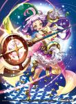  1girl boots bow bowtie earrings force_of_will fukuzou fur_trim gloves hair_ornament jewelry long_hair low_twintails moon official_art open_mouth purple_hair sky solo sparkle staff star star_(sky) teeth thigh-highs twintails yellow_eyes 