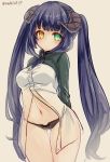  1girl bangs beige_background black_hair black_panties closed_mouth conomi-c5 cowboy_shot dress eyebrows_visible_through_hair green_eyes highres long_hair long_sleeves looking_at_viewer navel open_clothes open_dress original panties simple_background solo standing thigh_gap twintails twitter_username underwear white_dress yellow_eyes 