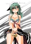 1girl :&lt; alternate_costume blush breast_squeeze breasts commentary_request eyepatch green_eyes green_hair hat highres kantai_collection kiso_(kantai_collection) long_hair neckerchief remodel_(kantai_collection) sailor_bikini sailor_collar sarong sogabe_toshinori solo sword translation_request twitter_username weapon 