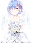  1girl blue_hair bouquet breasts bridal_veil cleavage closed_eyes collarbone cowboy_shot crying dress eyebrows_visible_through_hair flower hair_between_eyes hair_ribbon highres hiiragi_kifuyu holding holding_bouquet medium_breasts pink_ribbon re:zero_kara_hajimeru_isekai_seikatsu rem_(re:zero) ribbon short_hair simple_background sleeveless sleeveless_dress smile solo standing tears veil wedding_dress white_background white_dress white_flower 